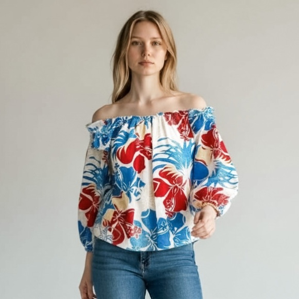 Royal Native Hawaiian Tropical Hibiscus Ruffle Sleeve Blouse